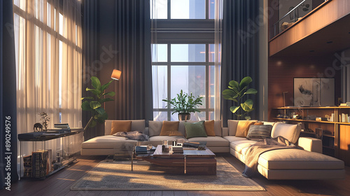 A series of stylish living room interiors featuring modern furniture, contemporary decor, and various lighting setups. The rooms showcase different design themes, including neutral tones, wood accents