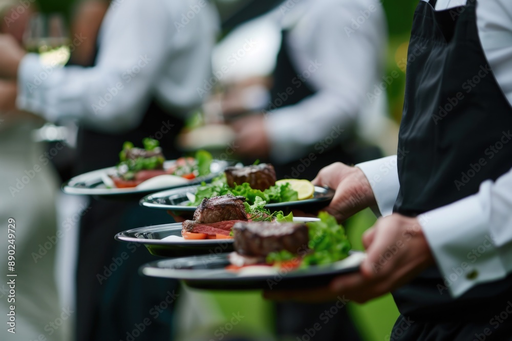 Waiters at Banquet: Serving Meat Dish on Festive Event with Wine and Champagne