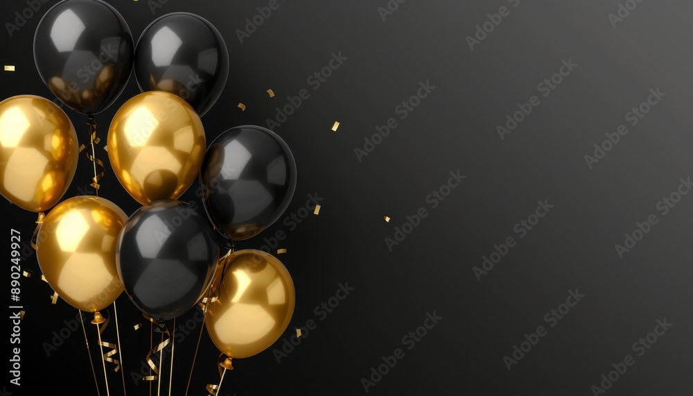 Black and Gold Balloons Against a Dark Background Black and Gold Balloons Against a Dark Background