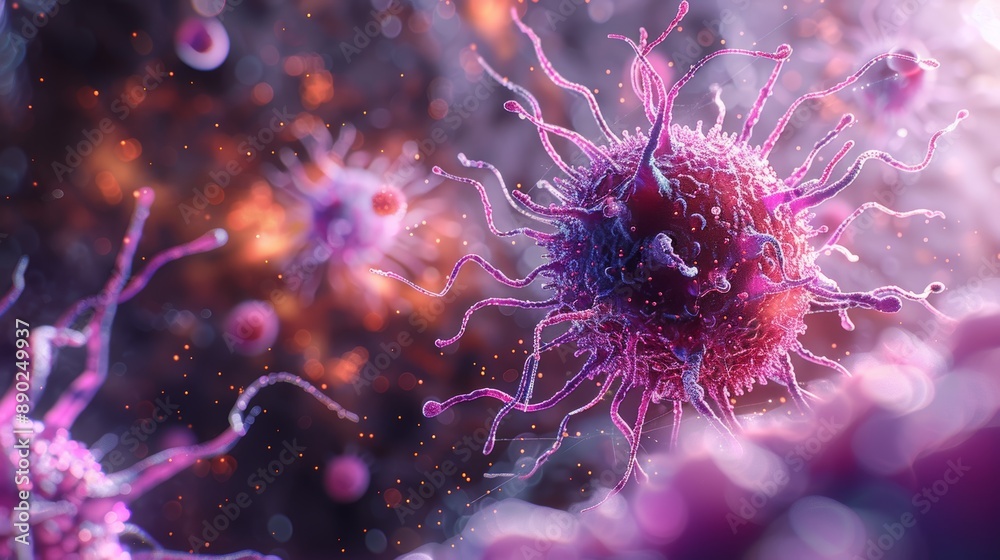A realistic 3D illustration of a virus attacking a human cell, highlighting the biological interaction at the microscopic level. A realistic 3D illustration of a virus attacking a human cell, highlighting the biological interaction at the microscopic level.