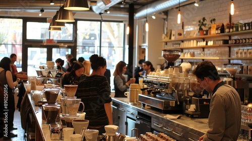 Coffee shop interior with customers and baristas. Baristas are making coffee drinks and customers are sitting at tables and talking. © Factory