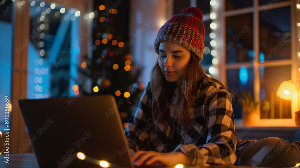 A woman is sitting at a table with a laptop in front of her A woman is sitting at a table with a laptop in front of her