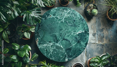 Green Marble Tabletop Surrounded by Potted Plants
