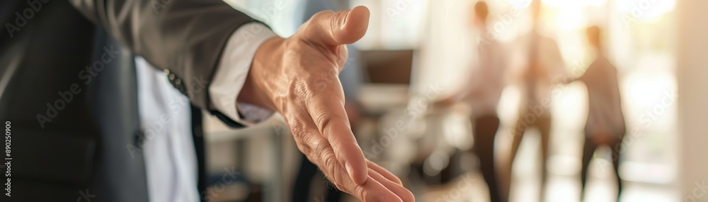 businessman extending hand for handshake in modern office, symbolizing partnership, agreement, and professional collaboration. businessman extending hand for handshake in modern office, symbolizing partnership, agreement, and professional collaboration.