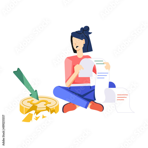 Woman reading bills worried about money crisis, flat illustration 

