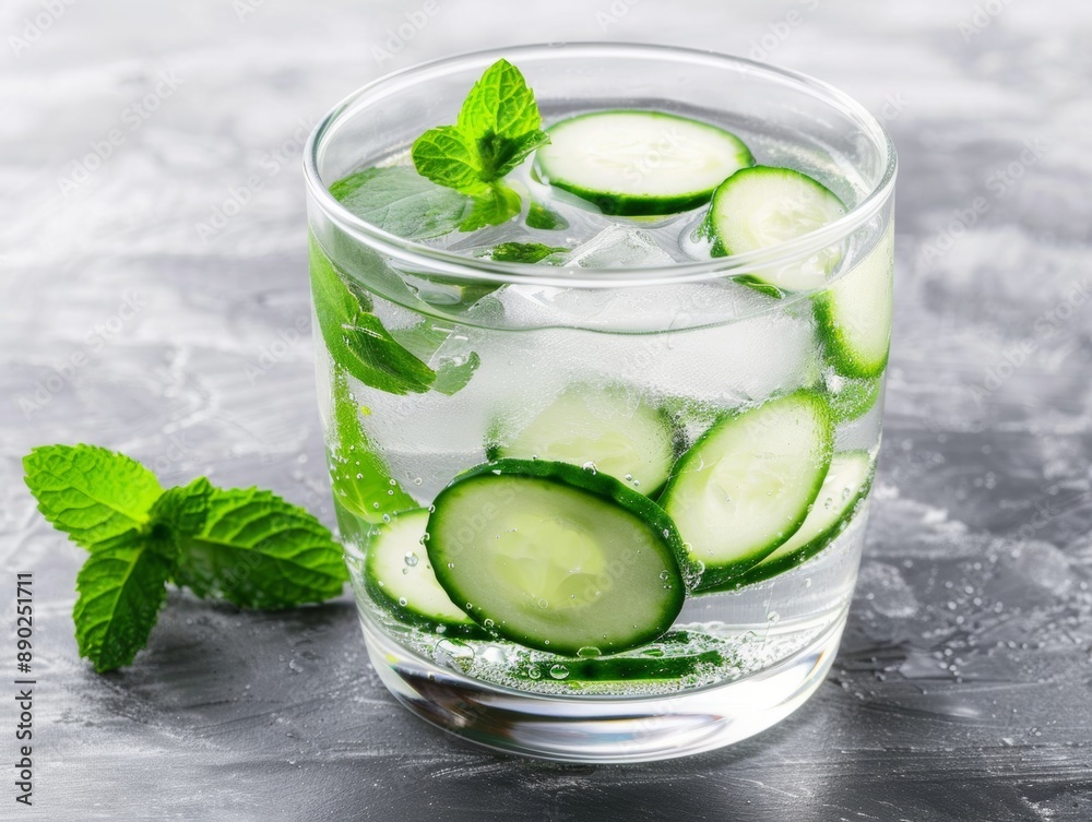 A refreshing image showcases cold fresh mineral water served in a clear glass or pitcher, elegantly infused with cucumber slices and mint leaves. A refreshing image showcases cold fresh mineral water served in a clear glass or pitcher, elegantly infused with cucumber slices and mint leaves.