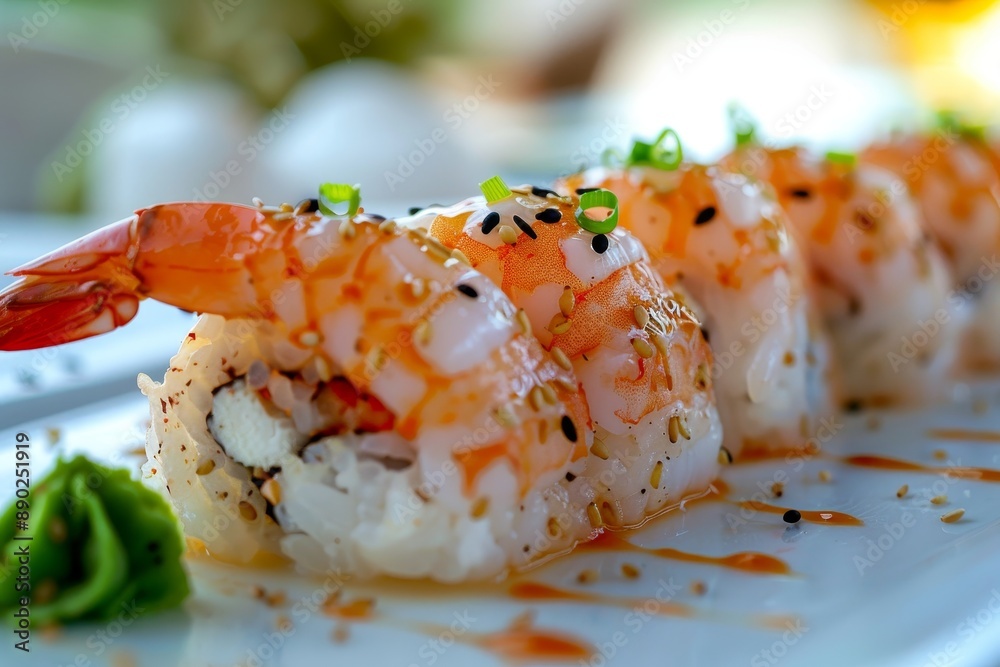 Close up of neatly arranged prawn and sesame nigiri sushi on white table for photography shot Close up of neatly arranged prawn and sesame nigiri sushi on white table for photography shot