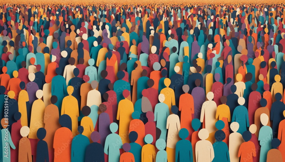 Fototapeta premium A sea of colorful, faceless figures representing a large crowd gathered together at an outdoor setting, possibly symbolizing diversity or unity in a group