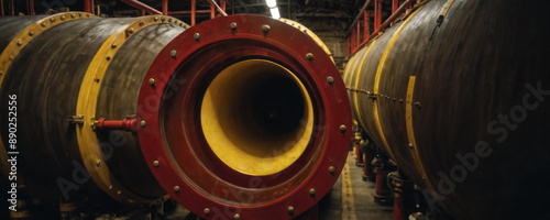 A collection of red and yellow large industrial pipes neatly arranged and stored in an indoor warehouse.