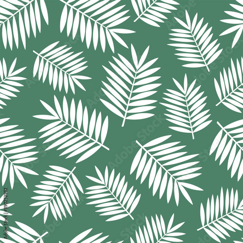 Seamless pattern tropical white palm leaves on green background - vector flat illustration for textile, wallpaper, web design, packaging