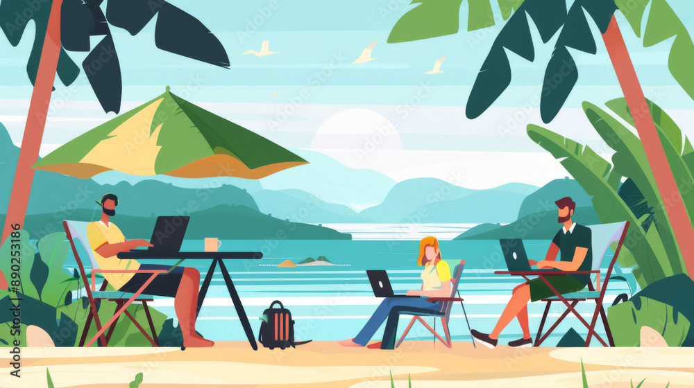 Obraz premium A group of people are sitting outside on a beach, working on their laptops