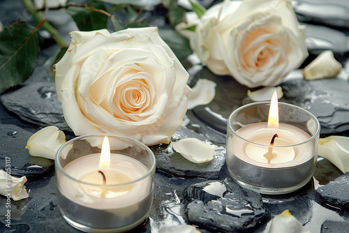 Beautiful white roses and burning candles on a gray stone table, in the style of space for text stock photo contest winner, commercial photography, beautiful, elegant, feminine, delicate, romantic, cl