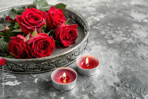 Beautiful red roses and burning candles on a gray stone table, in the style of space for text stock photo contest winner, commercial photography, beautiful, elegant, feminine, delicate, romantic, cl