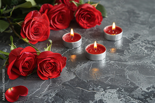 Beautiful red roses and burning candles on a gray stone table, in the style of space for text stock photo contest winner, commercial photography, beautiful, elegant, feminine, delicate, romantic, cl