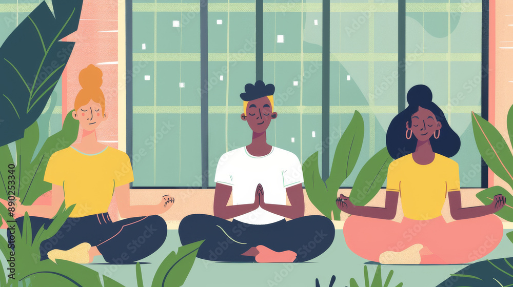Three people are sitting in a room with plants and a window Three people are sitting in a room with plants and a window