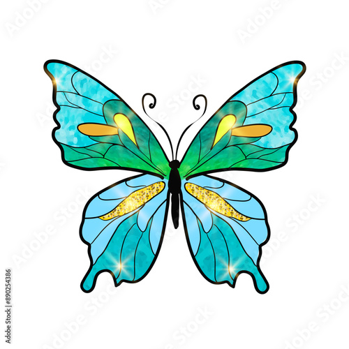 Blue Green Butterfly with Beautiful gold shimmer and light on wings. Hand write illustration watercolor style. Isolated Vector illustration on white background.