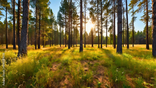 Beautiful and bright nature of a small forest in summer. A beautiful field with dry grass, tall pine trees