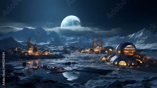 A futuristic city on an alien planet, bathed in the soft glow of a blue moon. photo