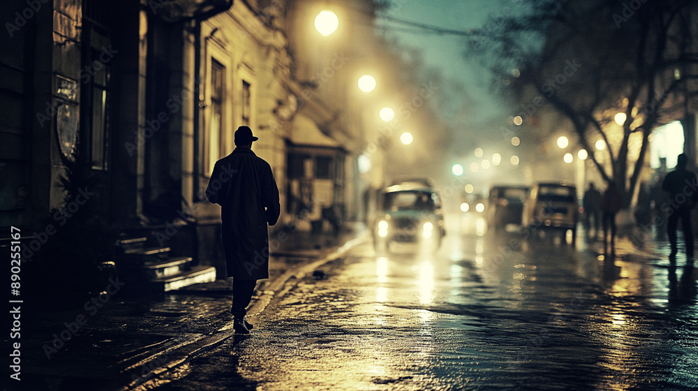 Thrilling night: silhouette of a man walking downtown on a illuminated street, blurred background, cinematic view Thrilling night: silhouette of a man walking downtown on a illuminated street, blurred background, cinematic view