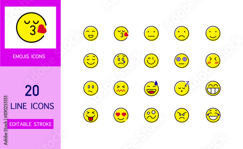 Emojis. Emotions. A vector image. Editable icons. Linear style. Emoticon icons. Emojis