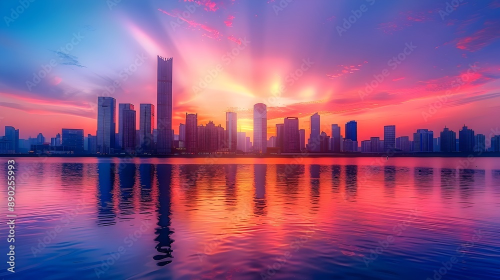 Vibrant City Skyline Reflected in Peaceful River at Sunset with Dramatic Sky Vibrant City Skyline Reflected in Peaceful River at Sunset with Dramatic Sky