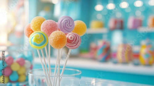 Colorful and sweet lollipops standing in glass in candy shop