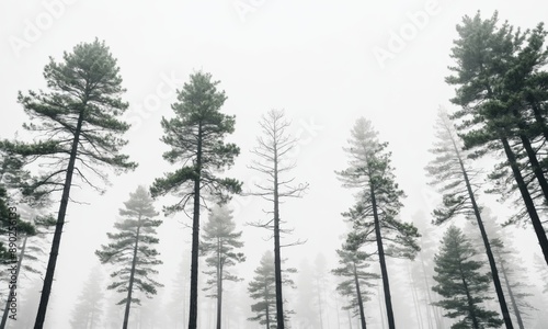 Tall pine trees stand tall against a foggy sky