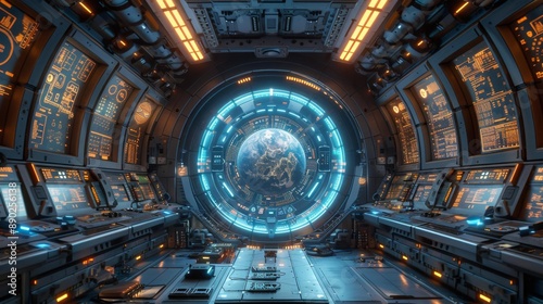Fototapeta Naklejka Na Ścianę i Meble -  Futuristic spaceship control room with earth view - generative ai