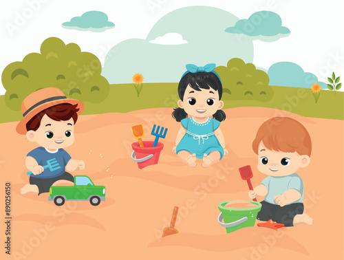 kids are playing in the sandbox in recreation park Funny cartoon characters boys and girl vector cartoon illustration  flat  design 
