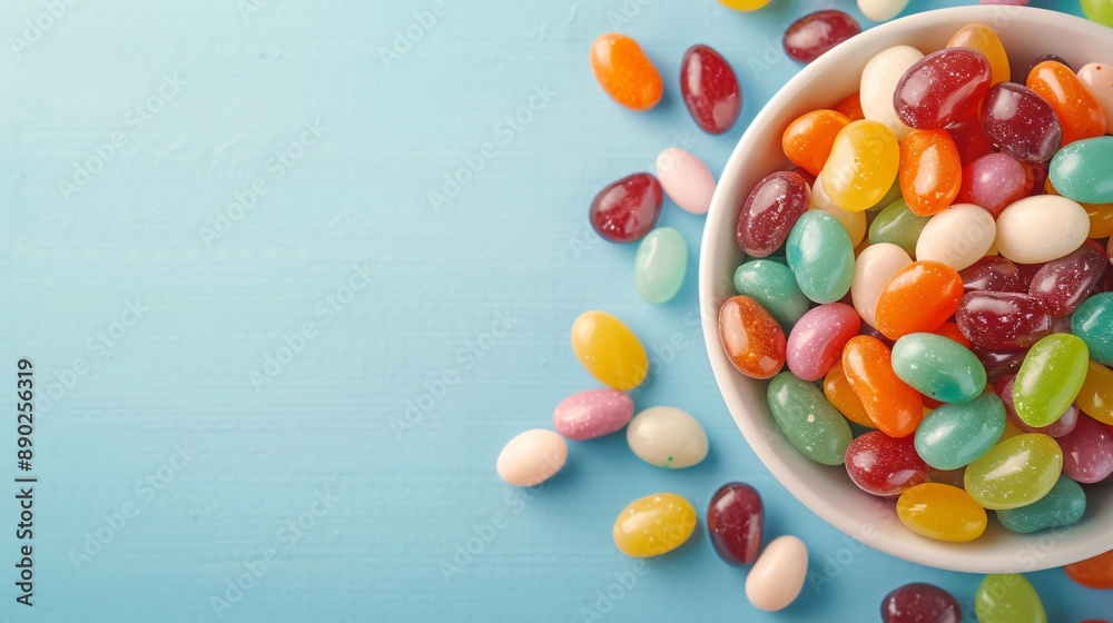 Bowl overflowing with colorful jelly beans on blue background Bowl overflowing with colorful jelly beans on blue background