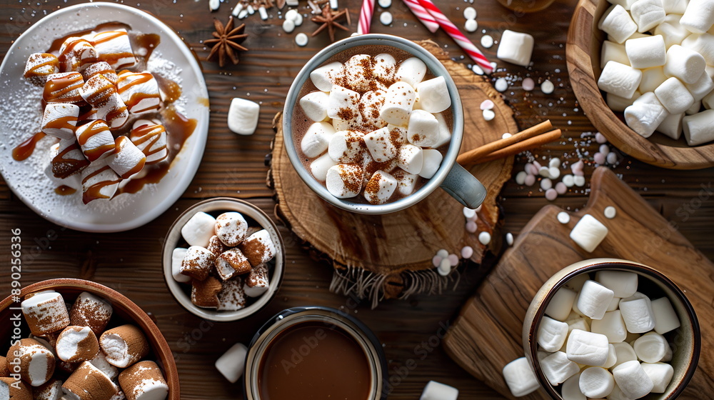 A DIY hot cocoa bar with assorted toppings like marshmallows, peppermint sticks, and caramel drizzle. Festive atmosphere of Christmas and New Year A DIY hot cocoa bar with assorted toppings like marshmallows, peppermint sticks, and caramel drizzle. Festive atmosphere of Christmas and New Year