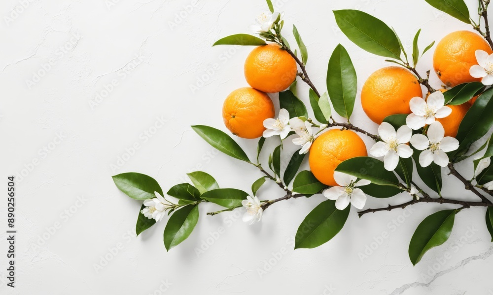 Orange tree branch with blossoms and fruit on white background Orange tree branch with blossoms and fruit on white background