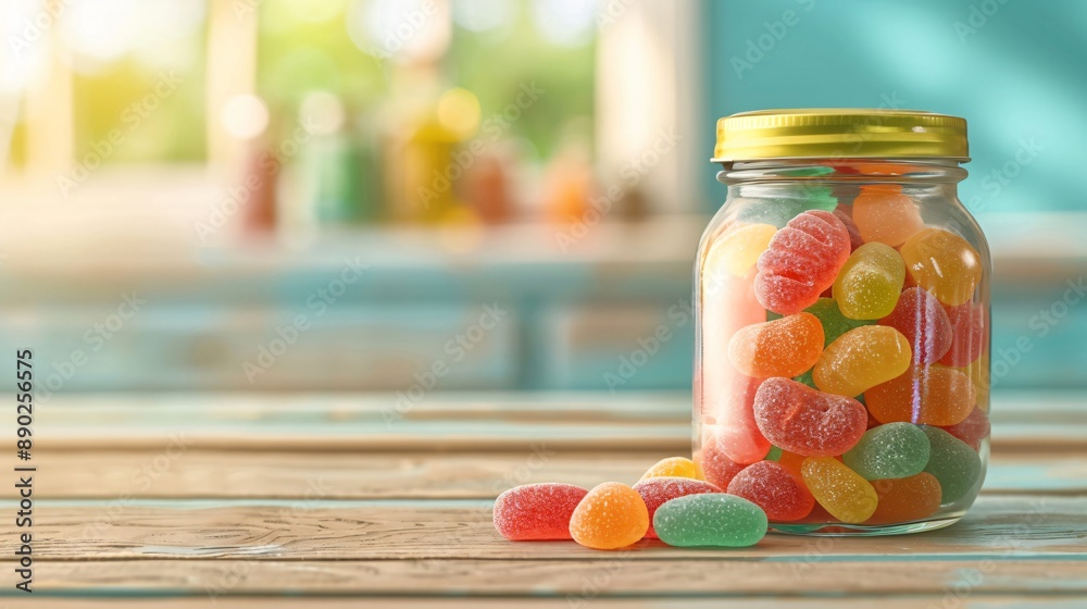 Glass jar filled with gummy candies sitting on wooden surface Glass jar filled with gummy candies sitting on wooden surface