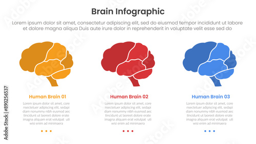 human brain infographic template banner with human brain part on horizontal direction with 3 point list information for slide presentation