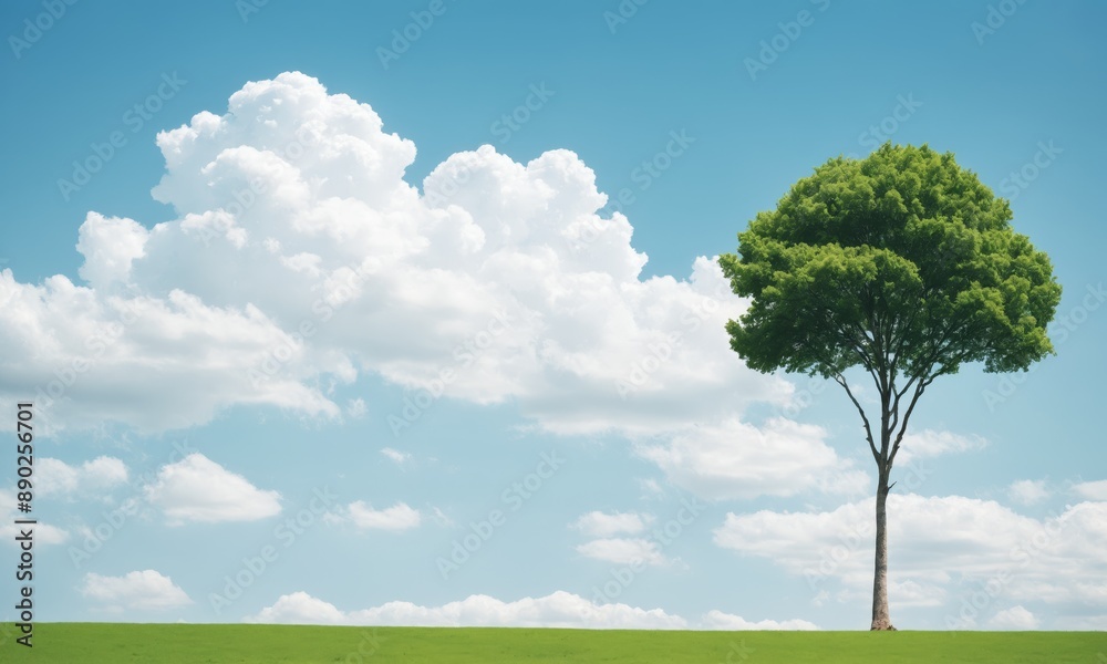 Obraz premium Green tree against blue sky with fluffy white clouds