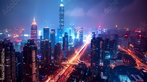 Mesmerizing Nighttime Cityscape with Glittering Skyscrapers and Vibrant Street Lights © Thares2020
