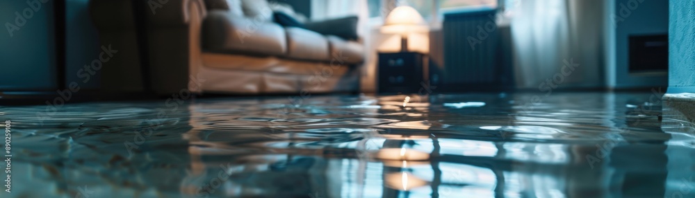 A modern living room submerged in water due to flooding, with reflection of furniture on the surface. A modern living room submerged in water due to flooding, with reflection of furniture on the surface.
