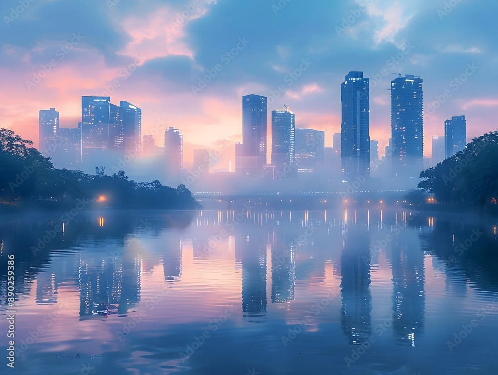 Obraz premium Misty City Skyline at Dawn with Tranquil Reflecting River and Peaceful Atmosphere