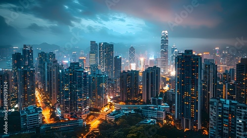 Illuminated Cityscape of Towering Skyscrapers and Busy Streets at Dusk