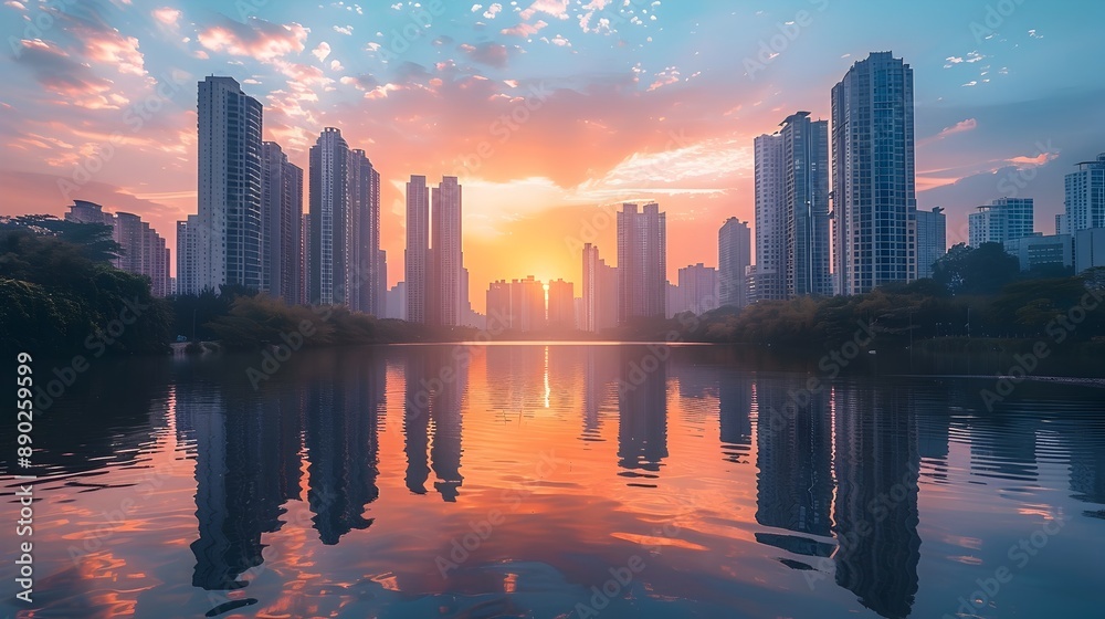 Majestic Cityscape Reflected in Tranquil River at Vibrant Sunset Majestic Cityscape Reflected in Tranquil River at Vibrant Sunset