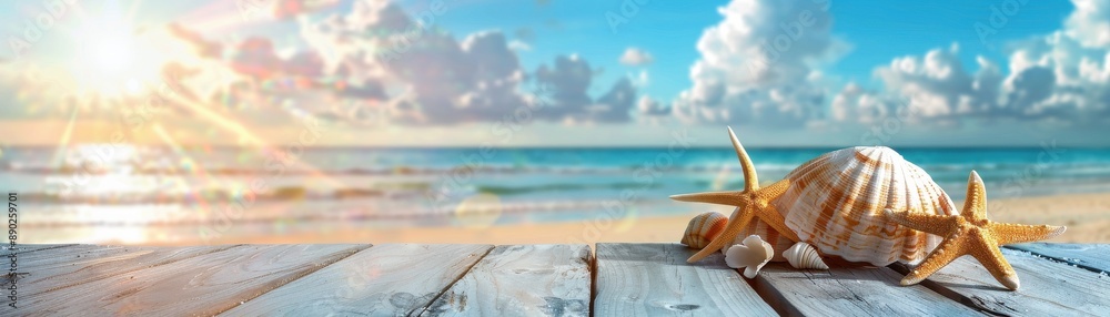 Beautiful beach scene with seashells and starfish on a wooden deck, overlooking the ocean during a sunny day with fluffy clouds in the sky. Beautiful beach scene with seashells and starfish on a wooden deck, overlooking the ocean during a sunny day with fluffy clouds in the sky.