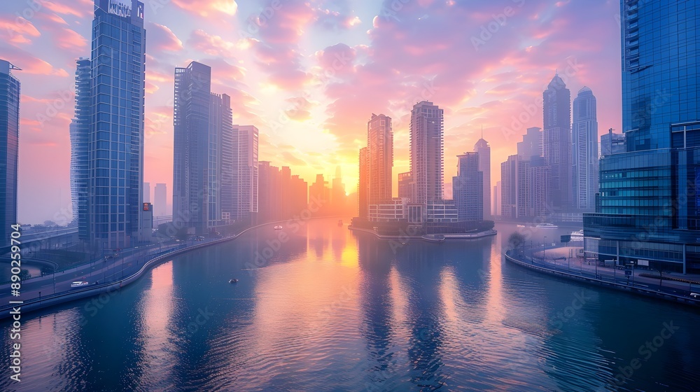 Naklejka premium Panoramic View of Serene Cityscape with High Rise Buildings and Busy Harbor at Sunrise or Sunset
