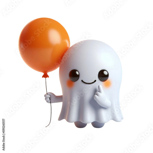 Ghost holding a orange balloon and pointing his finger up isolated on PNG background. Generative AI.