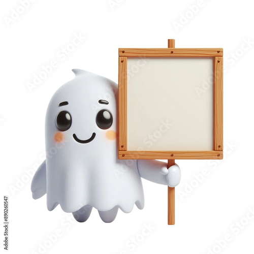 Cute Halloween ghost in his hands holding a sign with a white blank isolated on PNG background. Generative AI.