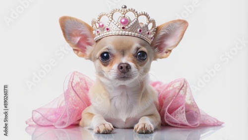 Adorable Chihuahua dog dressed as little princess wearing pink queen crown sitting regally on isolated transparent white background alone. photo