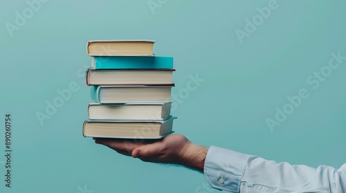 A hand is holding books on a blue background