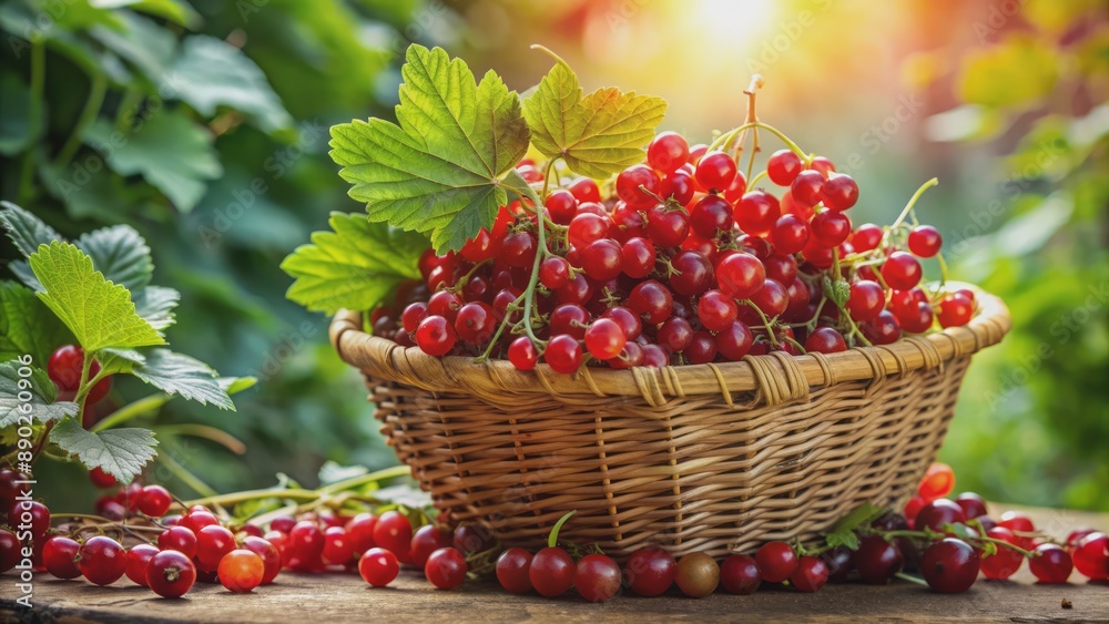 Vibrant organic red currants spill from a wicker basket against a bright sunny summer background with lush green foliage elements.