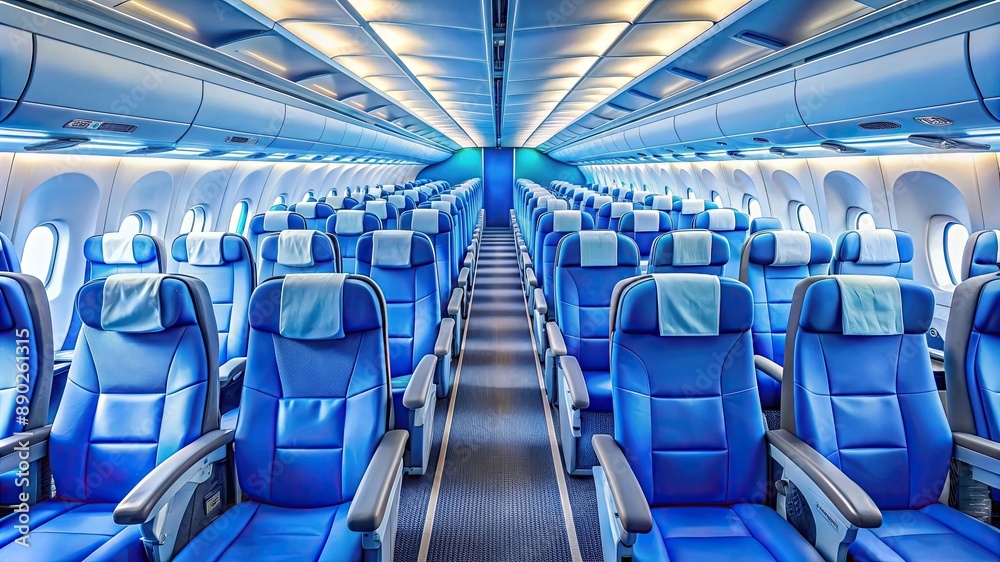 Fototapeta premium Interior view of an empty airplane cabin featuring rows of blue seats, ready for passengers.