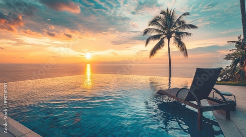 luxury swimming pool on sea view and chair in hotel resort with sunrise time 