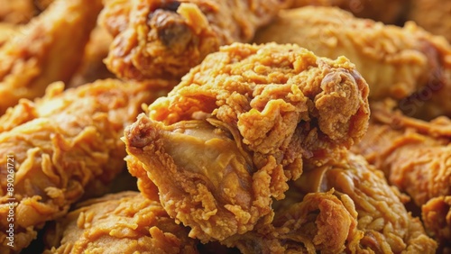 Macro shot of crispy fried chicken skin, golden brown and tantalizingly textured, evoking irresistible savory indulgence and comfort food allure. photo